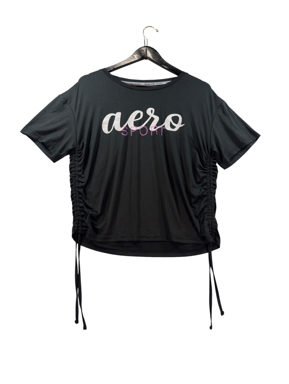 Aeropostale Sport Women’s XL Black Ruched Drawstring Graphic Active Top